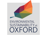 Sustainability logo - multicoloured leaf with wording. Environmental Sustainability at Oxford